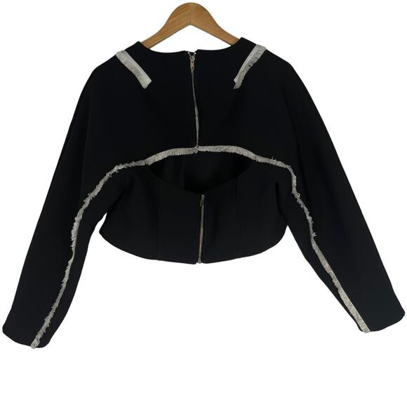 ASOS Black Scuba Crop Top With White Fringe Detail Zip Keyhole Back Size 12 - Picture 3 of 11